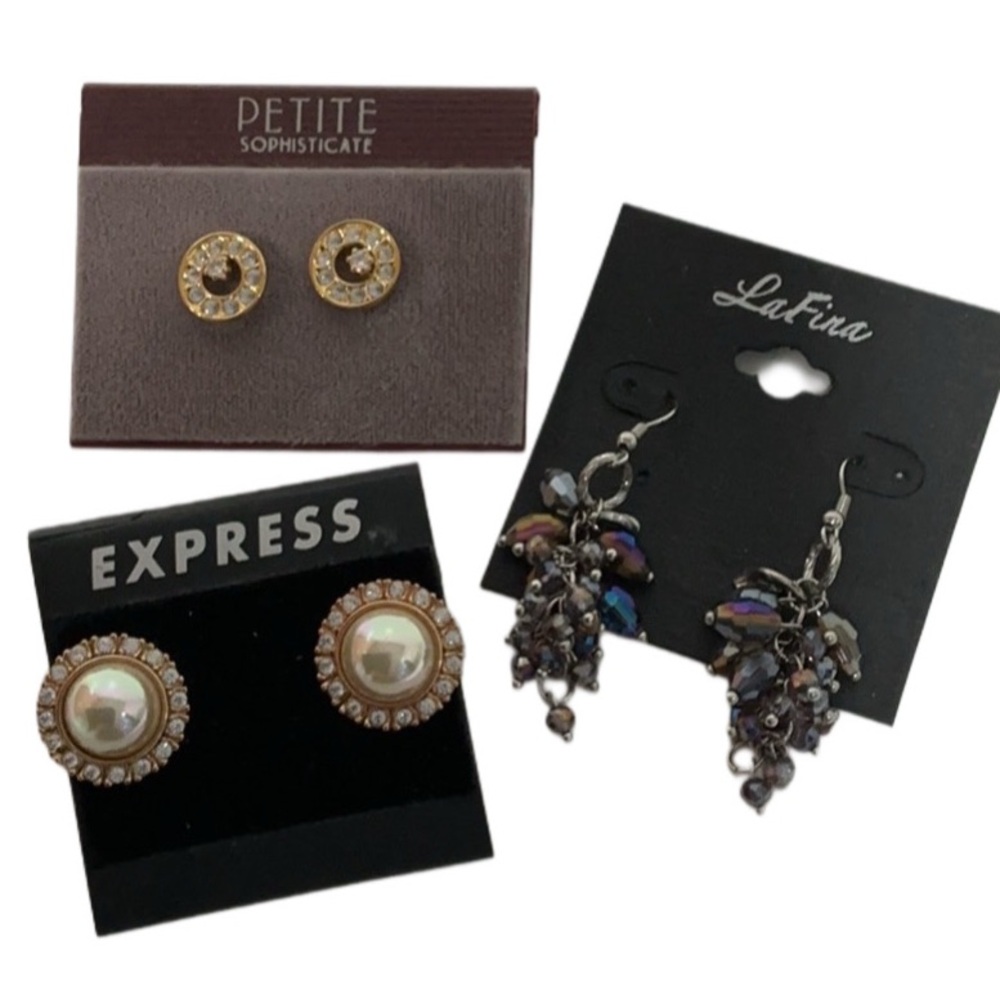 NEW Earrings Bundle of Three Faux Pearls, Rhinestones, and Dangling Sea Glass